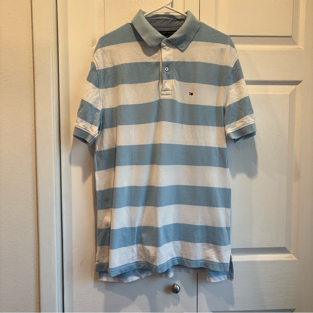 Tommy Hilfiger Blue and White Striped Polo - Size Large